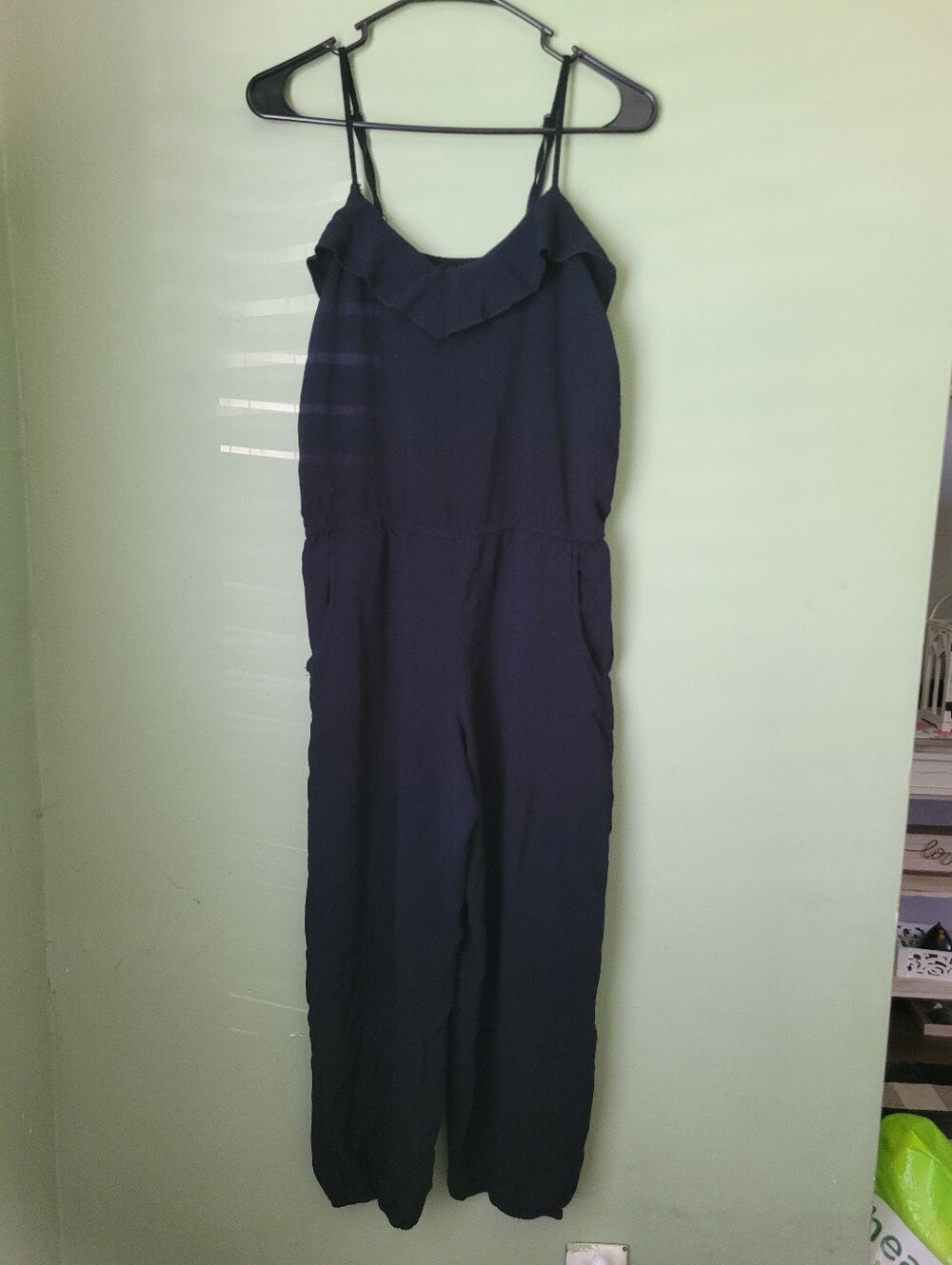 Angie Black Ruffle-Neck Spaghetti Strap Jumpsuit